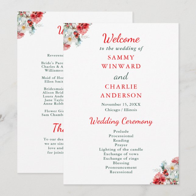 Elegante Florale Grüne Winterhochzeit Programm (Vorne/Hinten)