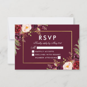 Elegante florale Hochzeit Burgunderrot Gold RSVP Karte