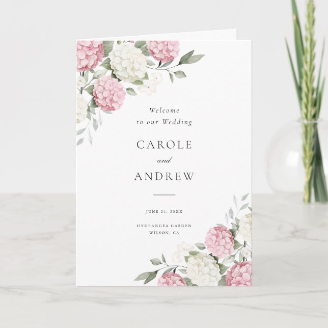 Elegante Florale Hochzeit mit rosa Hortensien gefa Programm (Vorderseite)