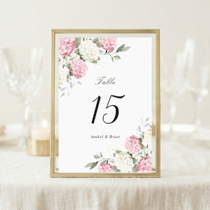 Elegante Florale Hochzeit mit rosa Hortensien und Tischnummer
