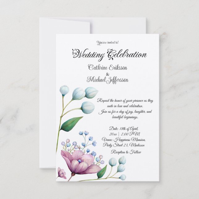 Elegante florale Hochzeit Soft Botanical Romance Einladung (Vorderseite)
