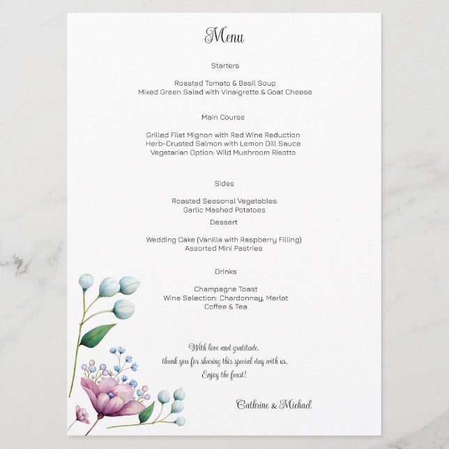 Elegante florale Hochzeit Soft Botanical Romance Menükarte (Vorderseite)