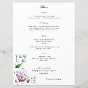 Elegante florale Hochzeit Soft Botanical Romance Menükarte