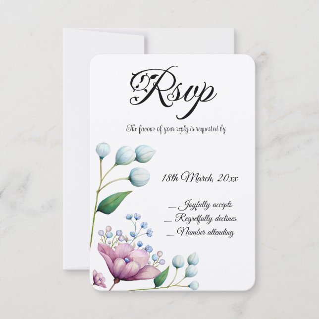 Elegante florale Hochzeit Soft Botanical Romance RSVP Karte (Vorderseite)