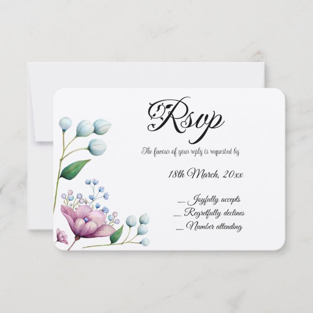 Elegante florale Hochzeit Soft Botanical Romance RSVP Karte (Vorderseite)