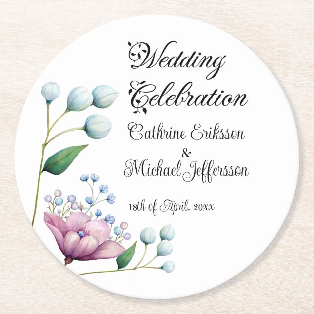 Elegante florale Hochzeit Soft Botanical Romance Runder Pappuntersetzer (Vorderseite)