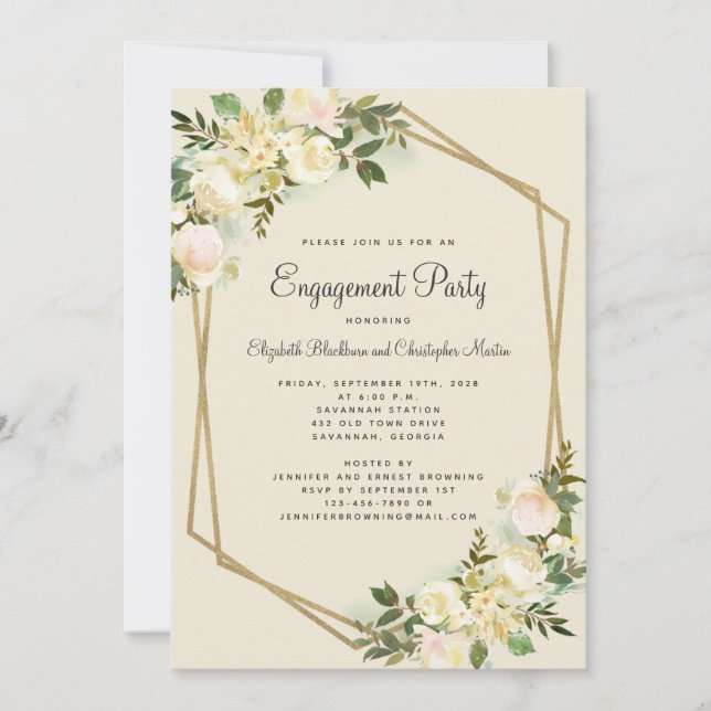 Elegante florale Hochzeitgoldene Engagement Party Einladung (Vorderseite)