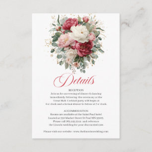 Elegante Florale Hochzeits-Details-Karte Burgund G Begleitkarte