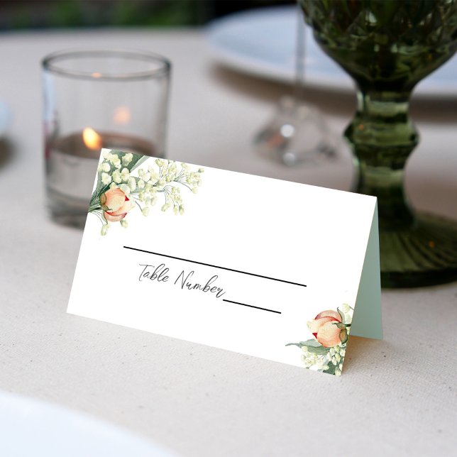 Elegante florale Hochzeitsfeier Platzkarte (Peach floral wedding table place card.)