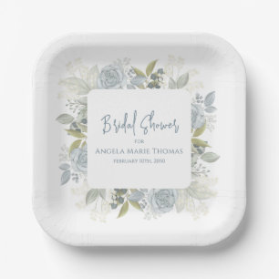 Elegante Florale Hochzeitsshower Dusty Blue Rosen Pappteller