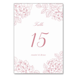Elegante Florale Hochzeitstisch mit rosa Hortensie Tischnummer