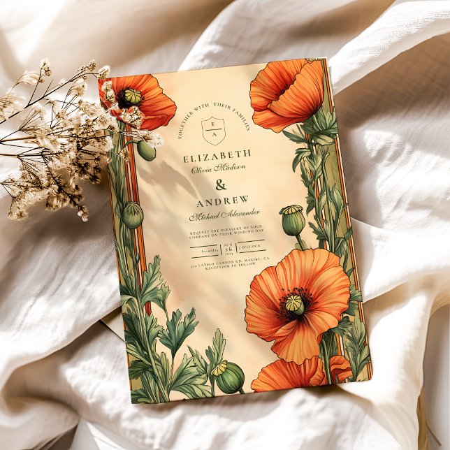 Elegante florale Jugendstil Poppy Hochzeit Einladung (Von Creator hochgeladen)