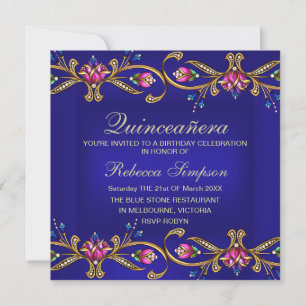 Elegante Florale Juwel Blaue Quinceañera-Einladung Einladung