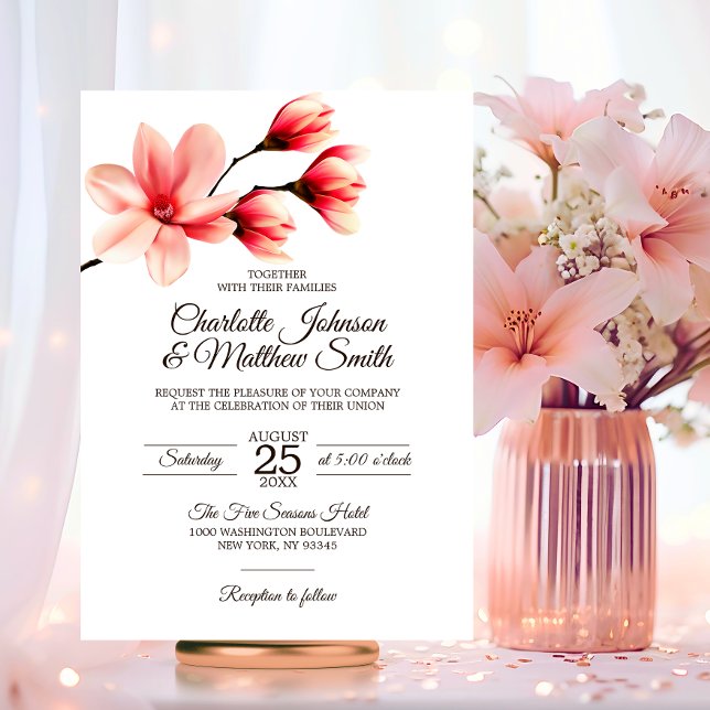 Elegante florale Magnolia Coral Pink Peach Wedding Einladung (Elegant Floral Magnolia Coral Peach Pink Color Wedding Invitation)