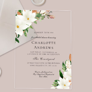 Elegante Florale Magnolie Brautparty Acryleinladungen
