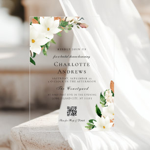 Elegante Florale Magnolie QR-Code-Brautjungfernpar Acryleinladungen