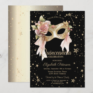 Elegante Florale Maske Sterne Schwarz Gold Quincea Einladung