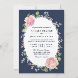 Elegante florale Midnight Blue and Pink Wedding Einladung