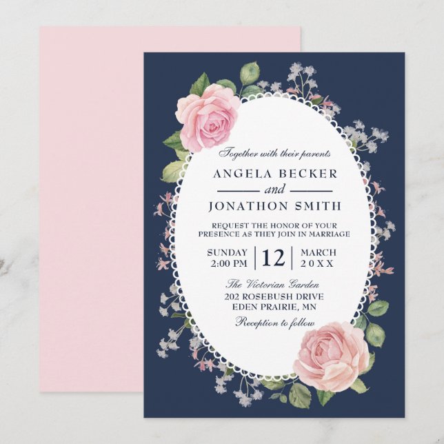 Elegante florale Midnight Blue and Pink Wedding Einladung (Vorne/Hinten)