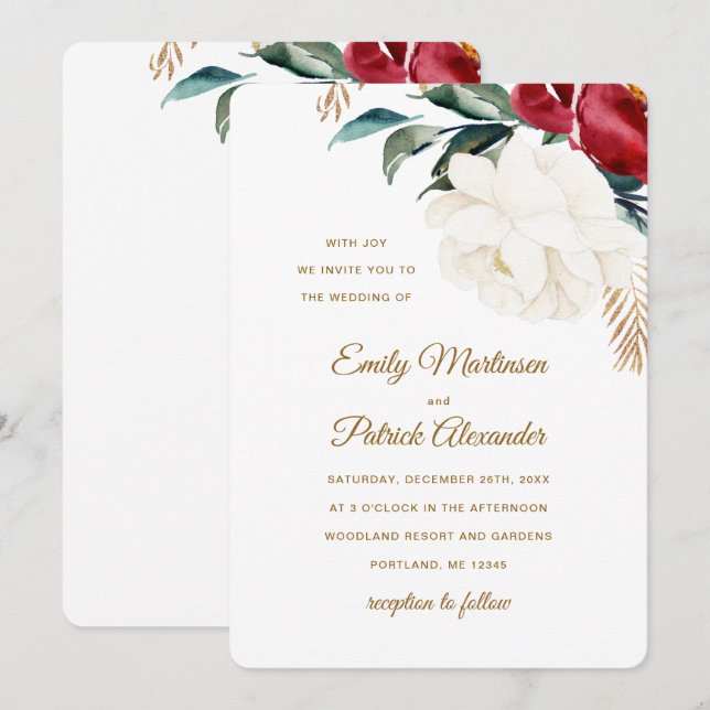 Elegante florale mit Grün Weihnachten Hochzeit Einladung (Vorne/Hinten)