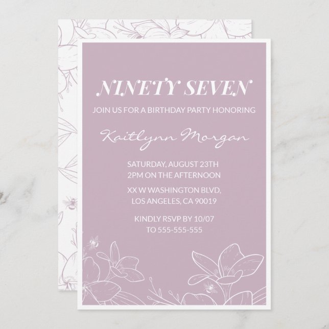 Elégante Florale moderne invitations à 97e anniver (Devant / Derrière)