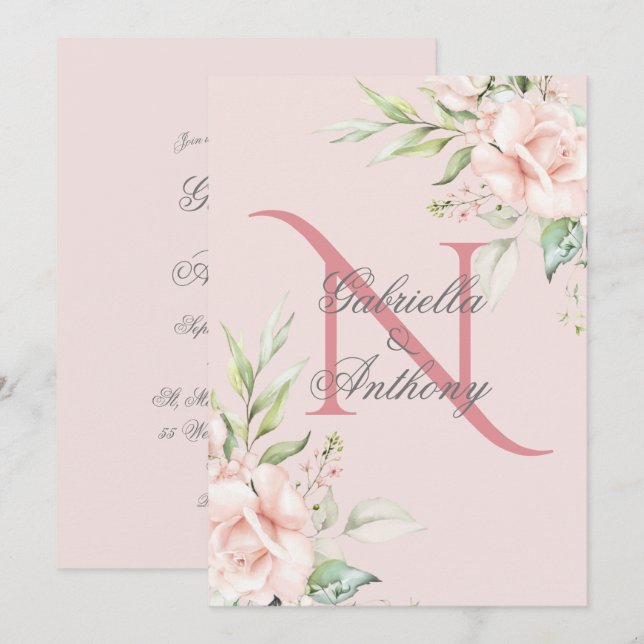 Elegante florale Monogramm erste rosa Hochzeit Einladung (Vorne/Hinten)