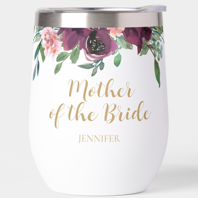 Elegante florale Mutter der Braut Wine Tumbler (Personalized Mother of the Bride Floral Wine Tumbler, Customized with Name, Burgundy & Blush Pink)