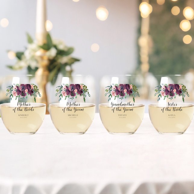 Elegante florale Mutter des Brautgartens Weinglas Ohne Stiel (Mother of the Bride Groom Wedding Party Wine Glasses - Set of 4, Grandmother, Sister, Bonus Mom)