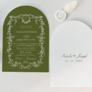 Elegante florale olivgrüne monogrammierte Bogenhoc Einladung