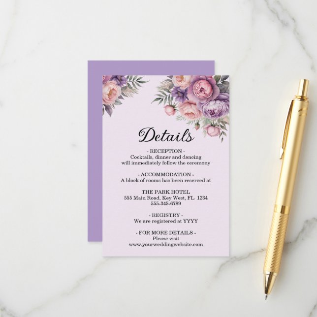 Elegante florale Pastellfarben Hochzeiten Begleitkarte (Vorderseite/Rückseite Beispiel)