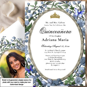 Elegante Florale Quinceanera-Einladung Blaue Blume Einladung