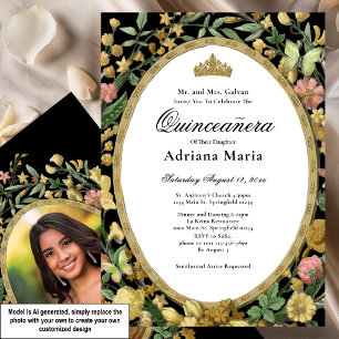 Elegante Florale Quinceanera-Einladung Gelb Gold Einladung