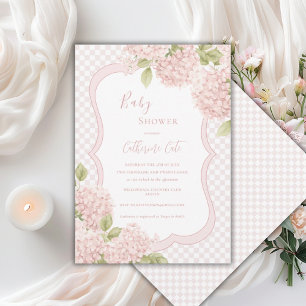 Elegante Florale Rosa Hortensien Karo-Baby-Einladu Einladung
