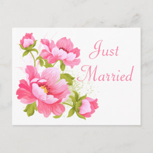 Elegante florale rosa Pfingstrose Just Married Hoc Ankündigungspostkarte