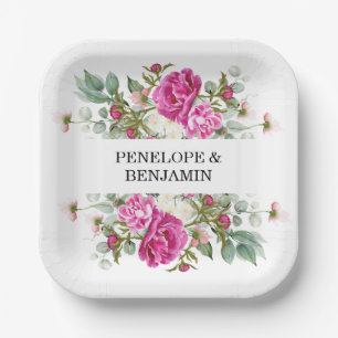 Elegante florale rosa Pfingstrosen-Monogramm-Hochz Pappteller