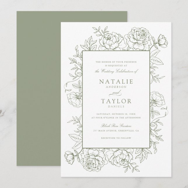 Elegante florale Rose gestalten grüne Hochzeit Einladung (Vorne/Hinten)