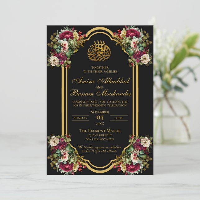 Elegante florale Rose Islamische Hochzeit Einladung (Stehend Vorderseite)