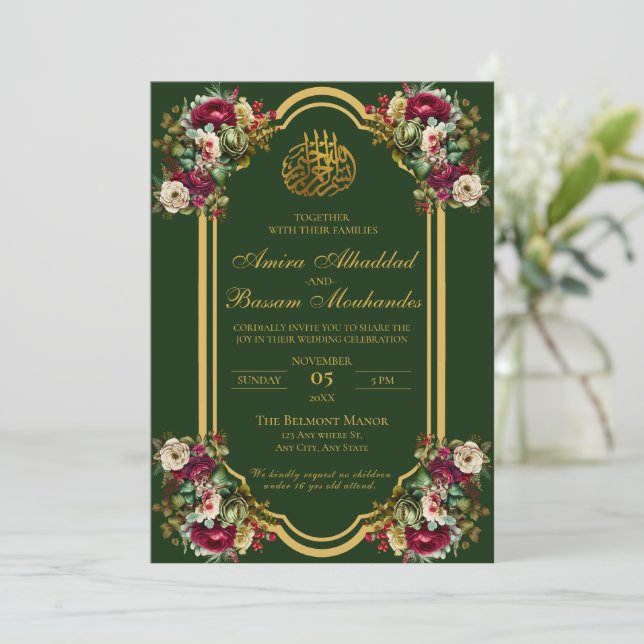 Elegante florale Rose Islamische Hochzeit Einladung (Stehend Vorderseite)