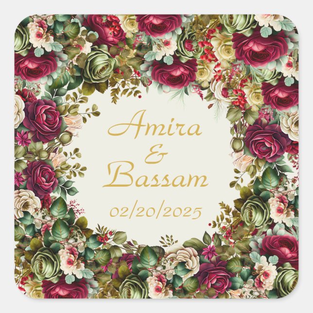 Elegante florale Rose Islamische Hochzeit Quadratischer Aufkleber (Vorderseite)