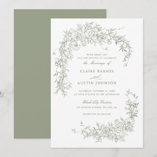 Elegante florale Rose Sage Green Wedding Monogram Einladung