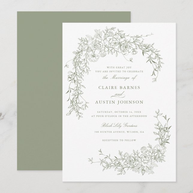 Elegante florale Rose Sage Green Wedding Monogram Einladung (Vorne/Hinten)