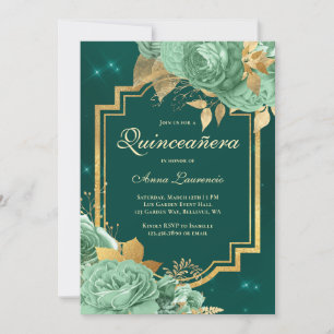 Elegante Florale Rosen Salbeigrün Gold Quinceanera Einladung