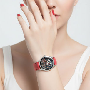 Elegante florale rote Armbanduhr für Damen mit Ana