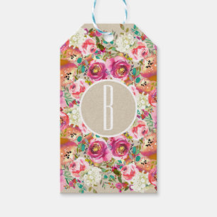 Elegante florale Rustic Kraft Monogram-Gastgeschen Geschenkanhänger