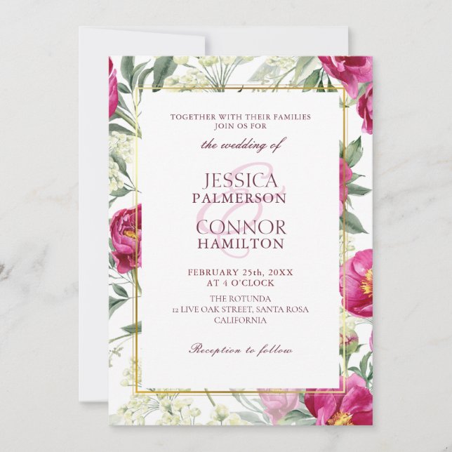 Elegante florale rustikale Burgundy Pink Wedding Einladung (Vorderseite)