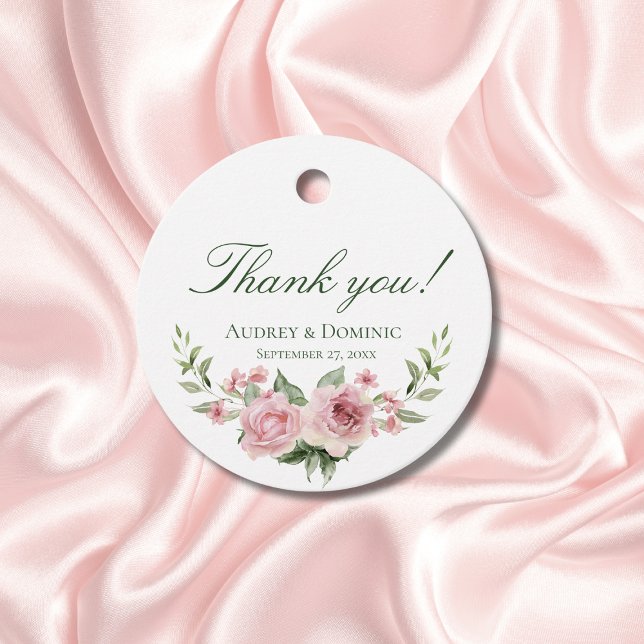 Elegante florale Rustikale Rosenhochzeit Geschenkanhänger (Elegant floral rustic wedding favor tags featuring delicate pink watercolor roses and calligraphy)