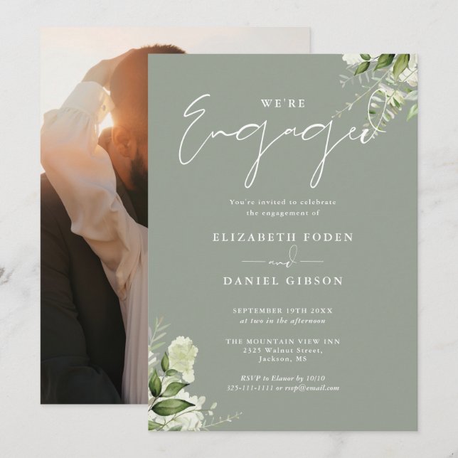 Elegante florale Sage Green Foto Engagement Party Einladung (Vorne/Hinten)
