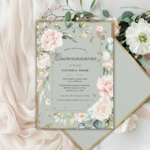 Elegante Florale Salbei Grün Gold Quinceanera Einladung