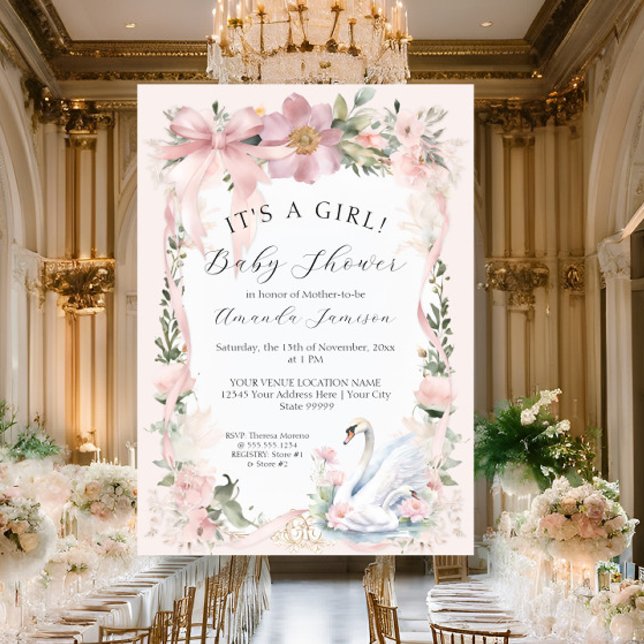 Elegante florale Schwanenschwänze Blush Pink Ribbo Einladung (Von Creator hochgeladen)