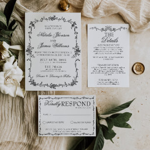 Elegante Florale Schwarz-Weiße Botanische Hochzeit Einladung
